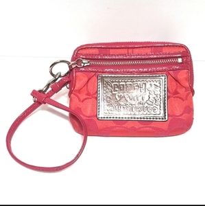 Coach Poppy Coral Pink Signature Jacquard Cotton Blend Wristlet Clutch Wallet